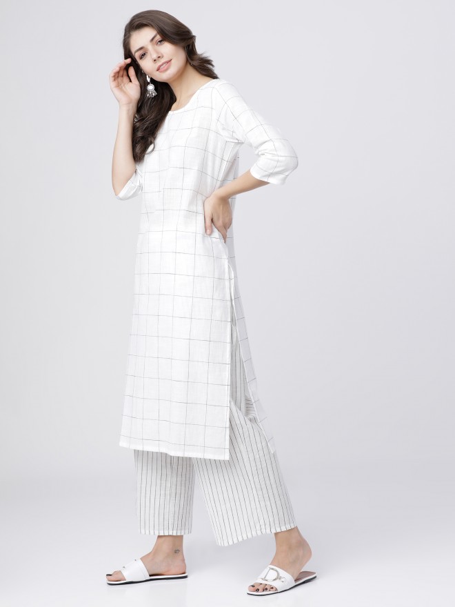 Vishudh Women Off White Checked Kurta Sets 